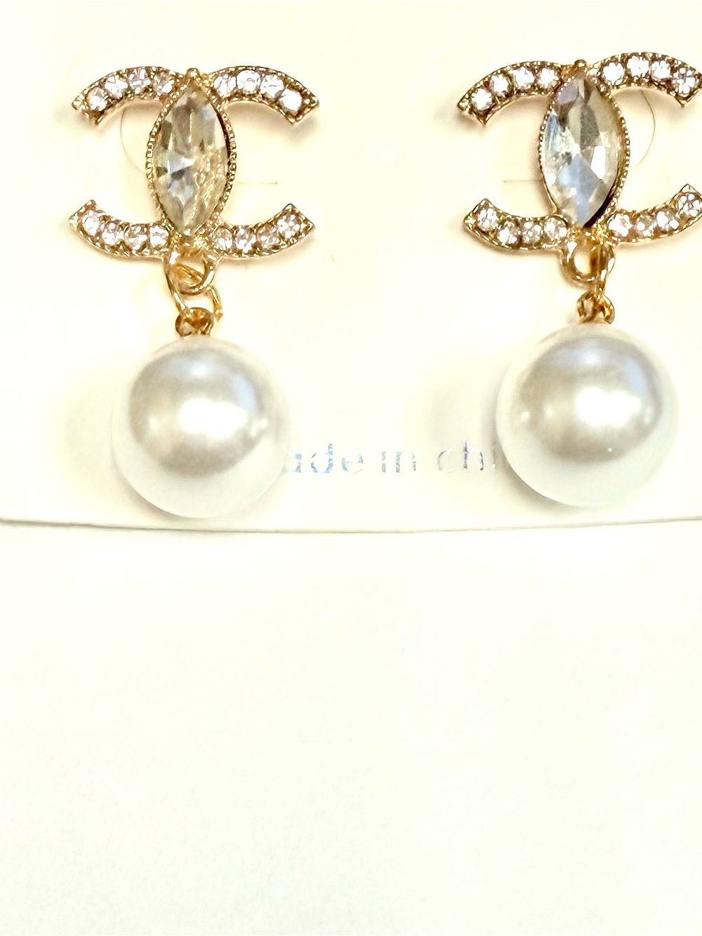 Gold Pearl Drop Earrings with Crystal Accents